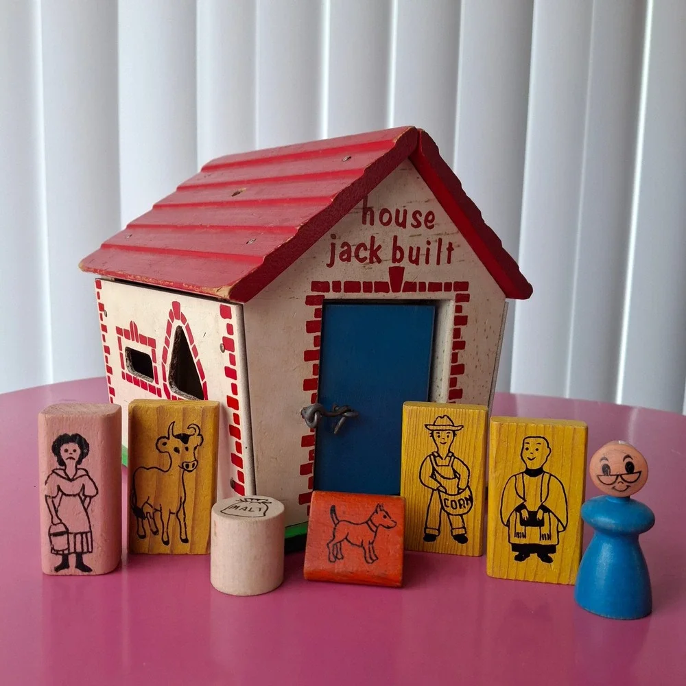 Vintage Playskool The House Jack Built Wooden Toy Shape Sorter House Mid Century